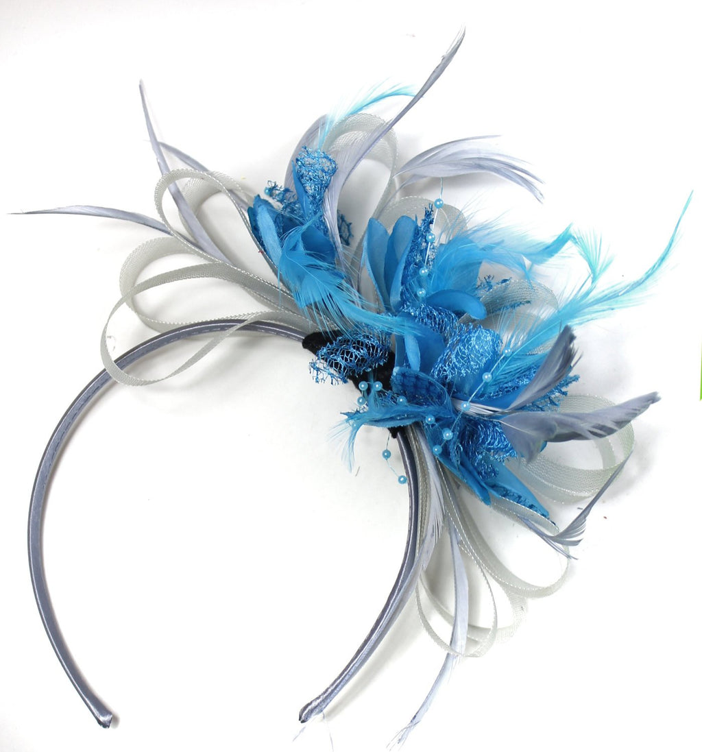 Caprilite Grey Silver & Aqua Blue Fascinator on Headband AliceBand UK Wedding Ascot Races Loop