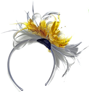 Caprilite Grey Silver & Gold Fascinator on Headband AliceBand UK Wedding Ascot Races Loop