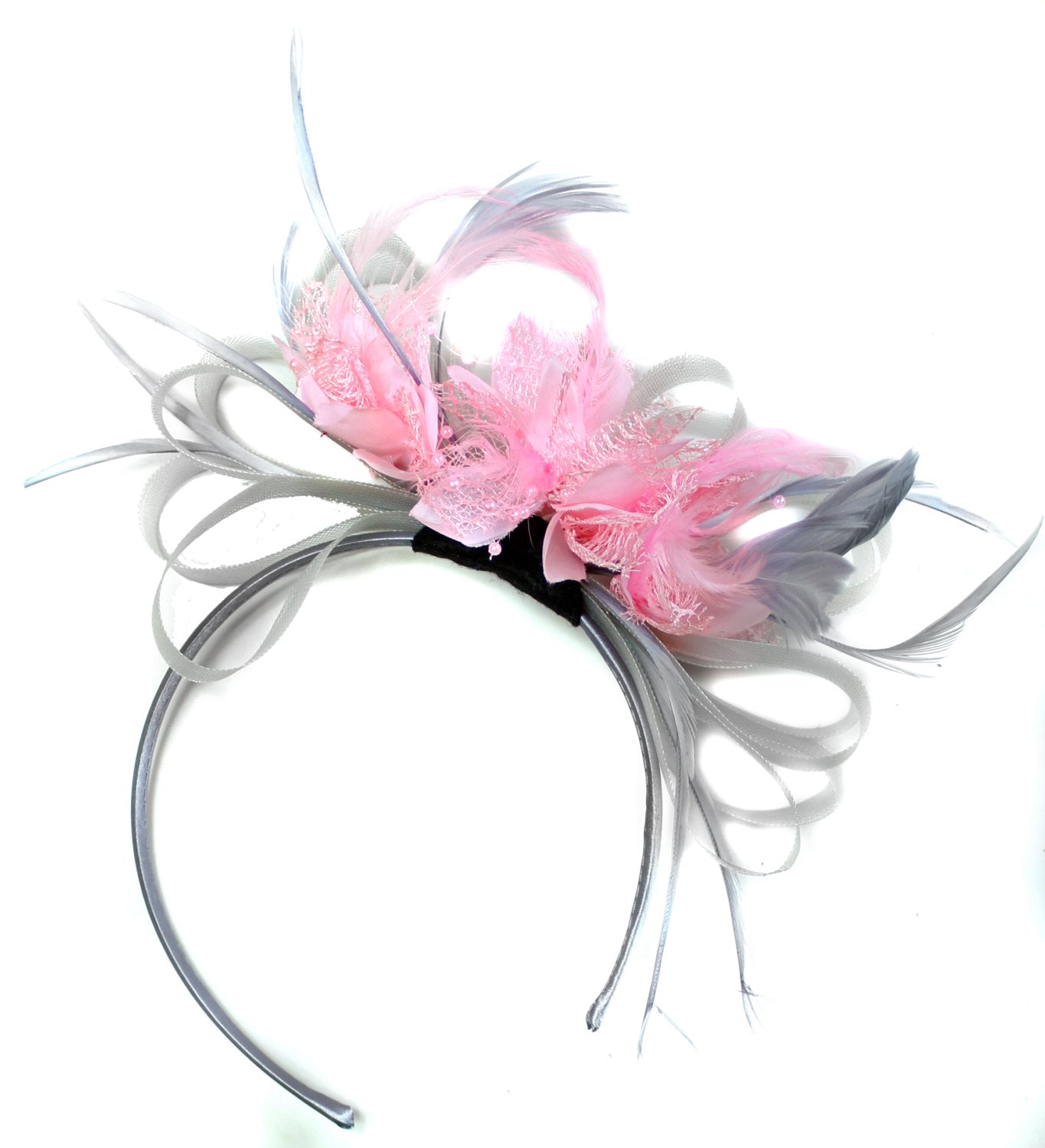 Caprilite Grey Silver & Baby Pink Fascinator on Headband AliceBand UK Wedding Ascot Races Loop