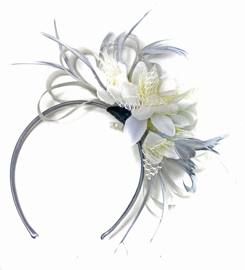 Caprilite Grey Silver & Cream Fascinator on Headband AliceBand UK Wedding Ascot Races Loop
