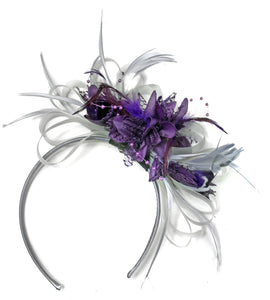 Caprilite Grey Silver & Dark Purple Fascinator on Headband AliceBand UK Wedding Ascot Races Loop