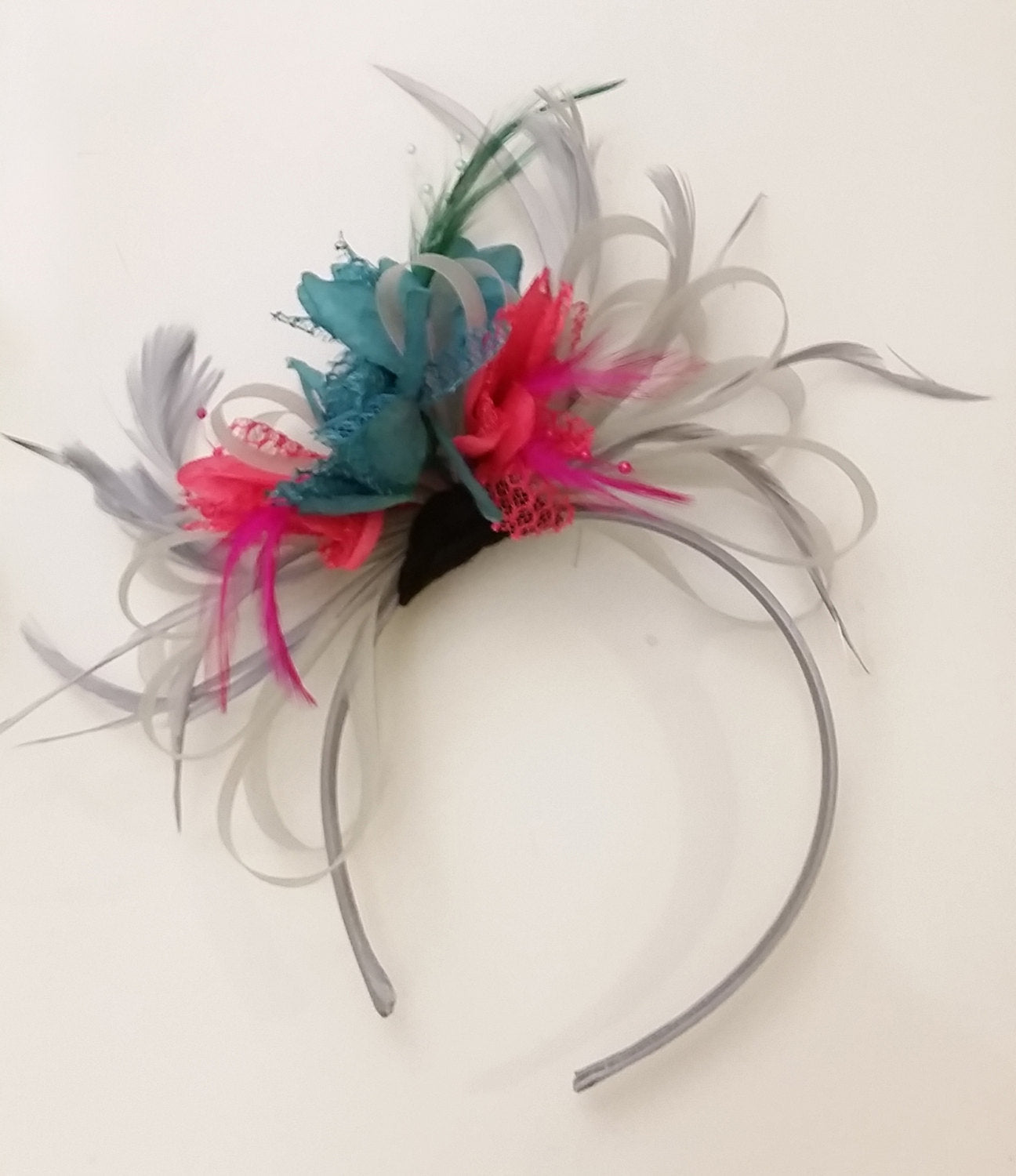 Caprilite Grey Silver, Fuchsia & Teal Fascinator on Headband UK Wedding Ascot Races Loop