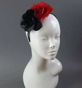Caprilite Black and Red Fascinator Rose Vintage Black Headband Flower