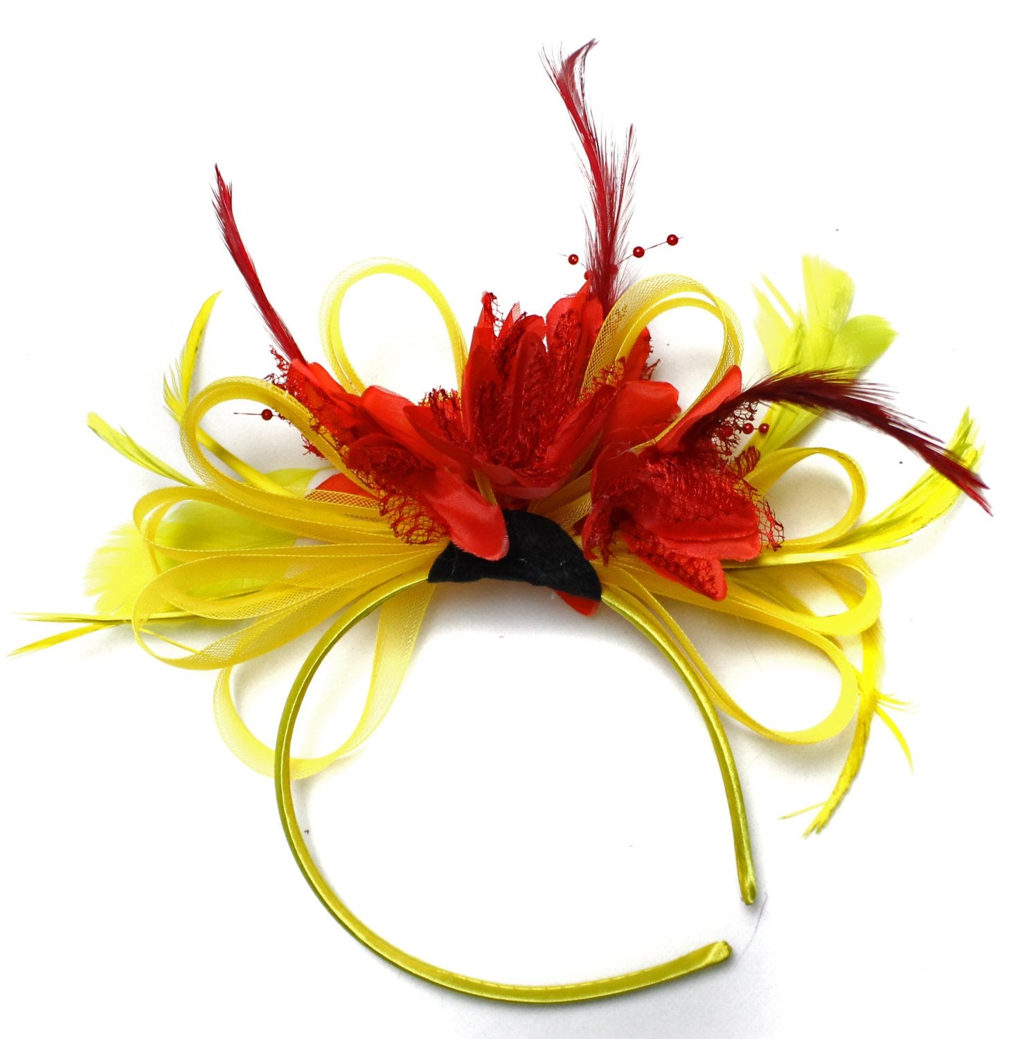 Caprilite Bright Yellow & Scarlet Red Feathers Fascinator on Headband