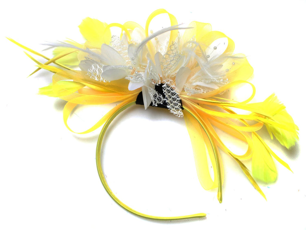 Caprilite Bright Yellow & White Feathers Fascinator on Headband