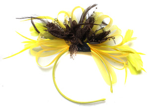 Caprilite Bright Yellow & Coffee Brown Feathers Fascinator on Headband