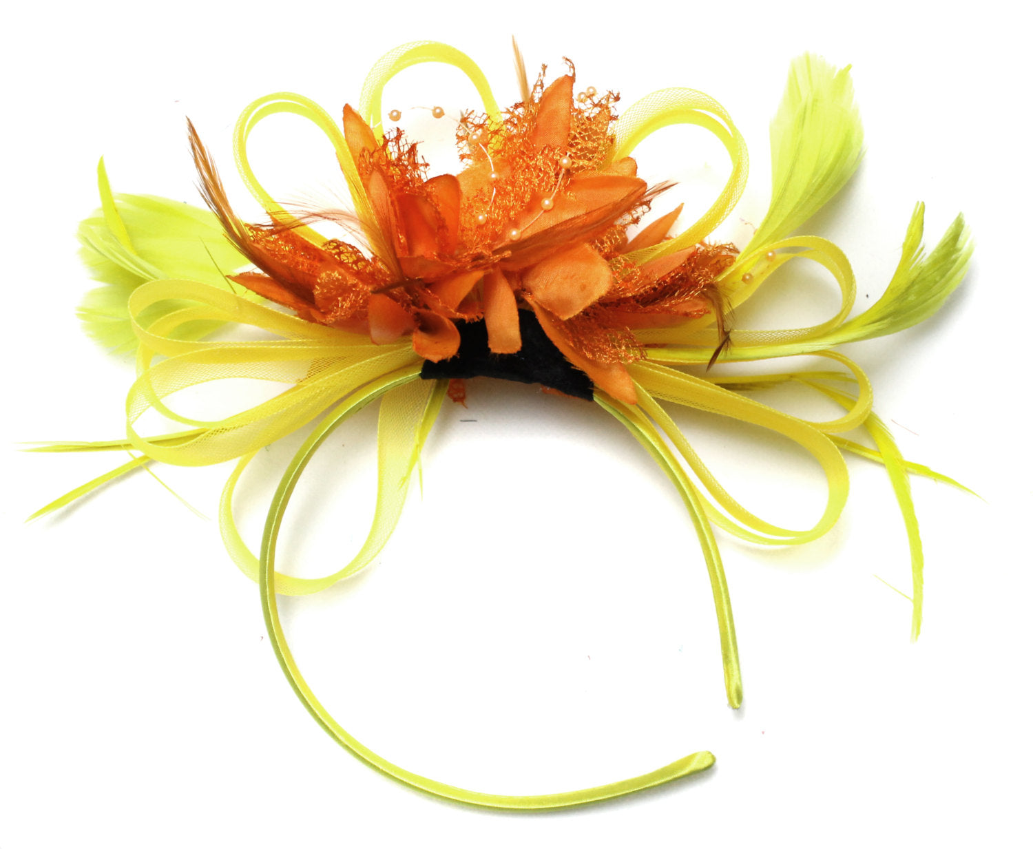 Caprilite Bright Yellow & Orange Feathers Fascinator on Headband