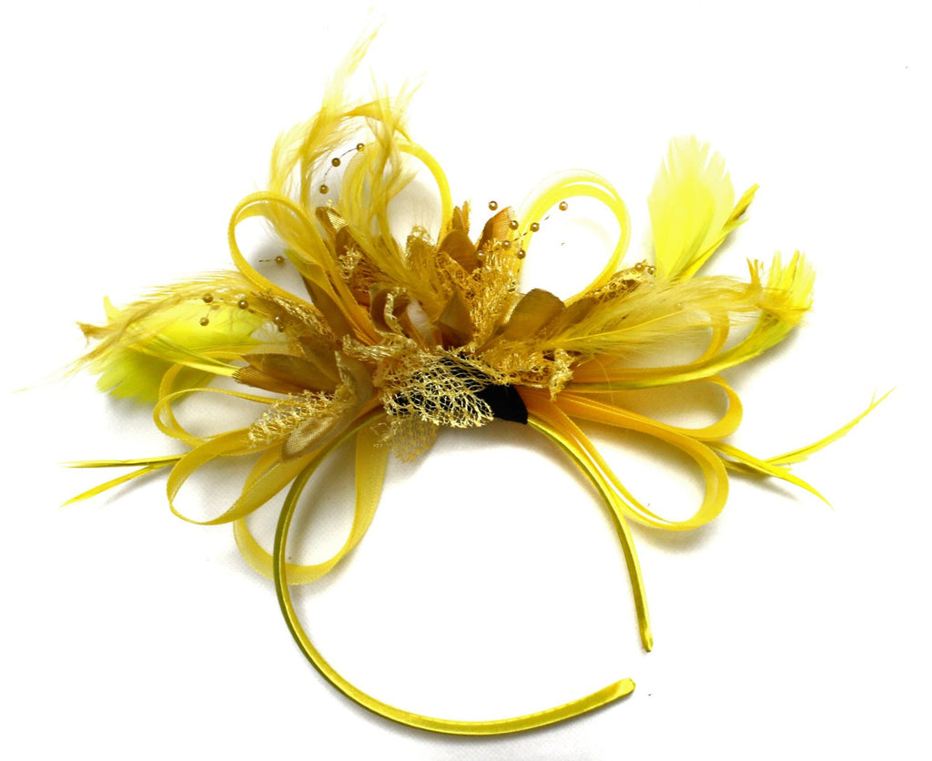 Caprilite Bright Yellow & Gold Feathers Fascinator on Headband