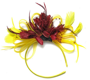 Caprilite Bright Yellow & Burgundy Wine Red Feathers Fascinator on Headband