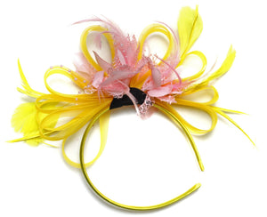 Caprilite Bright Yellow & Baby Pink Feathers Fascinator on Headband