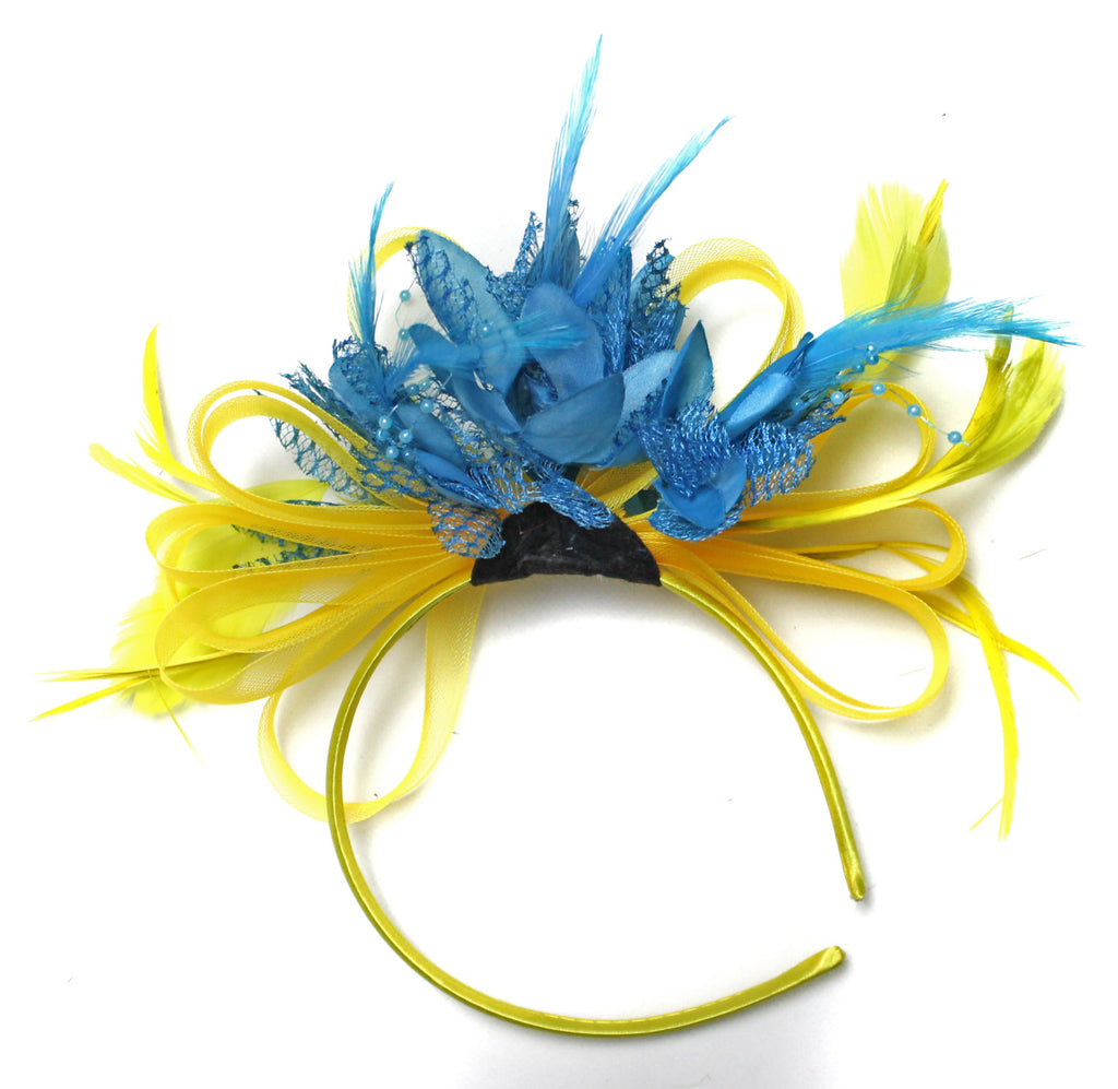 Caprilite Bright Yellow & Aqua Blue Feathers Fascinator on Headband