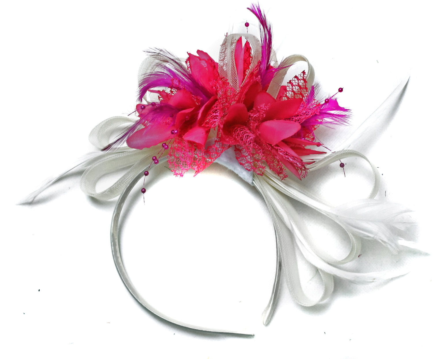 Caprilite White & Fuchsia Pink Feathers Fascinator on Headband