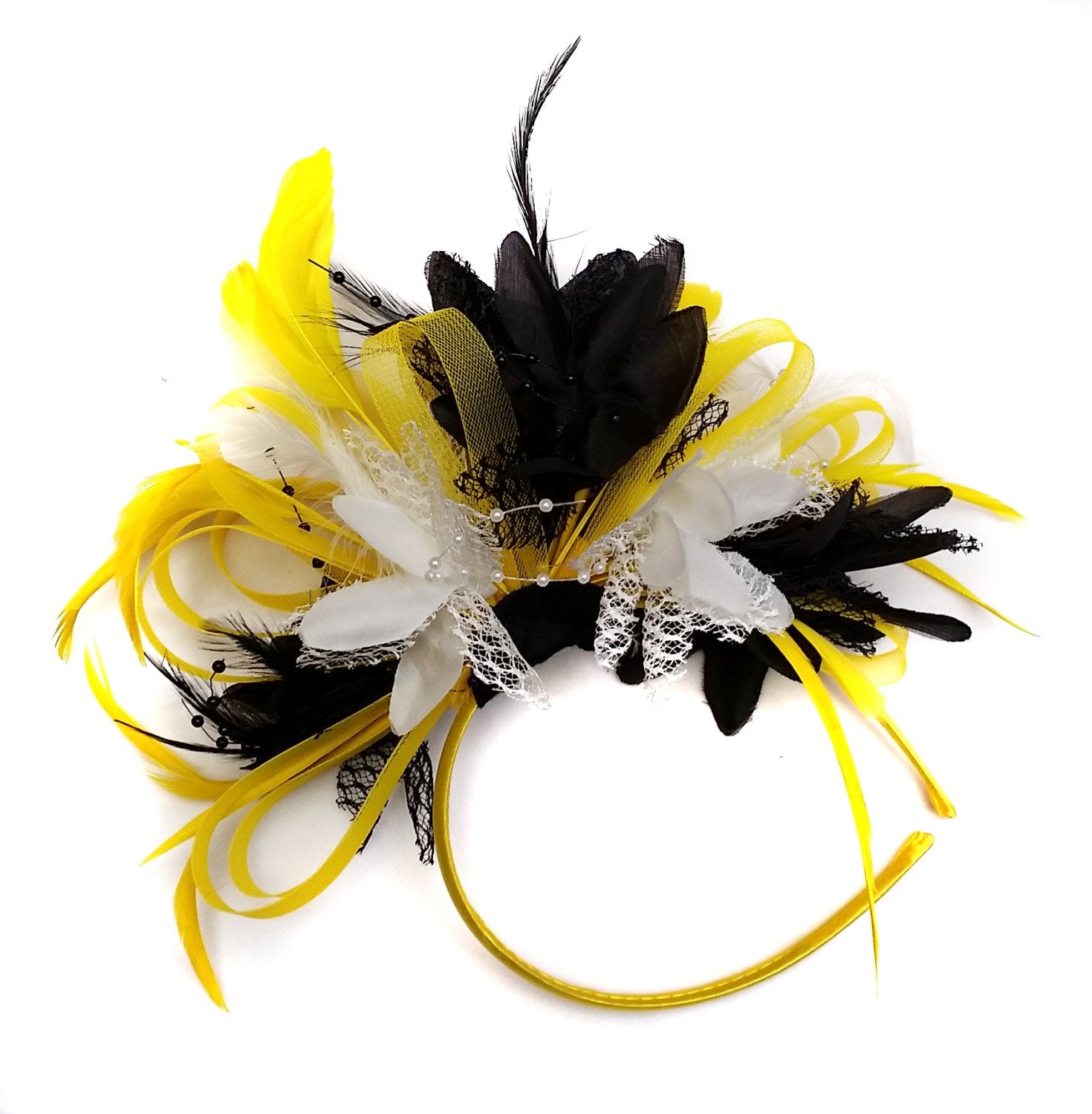 Caprilite Bright Yellow Black & White Feathers Fascinator on Headband