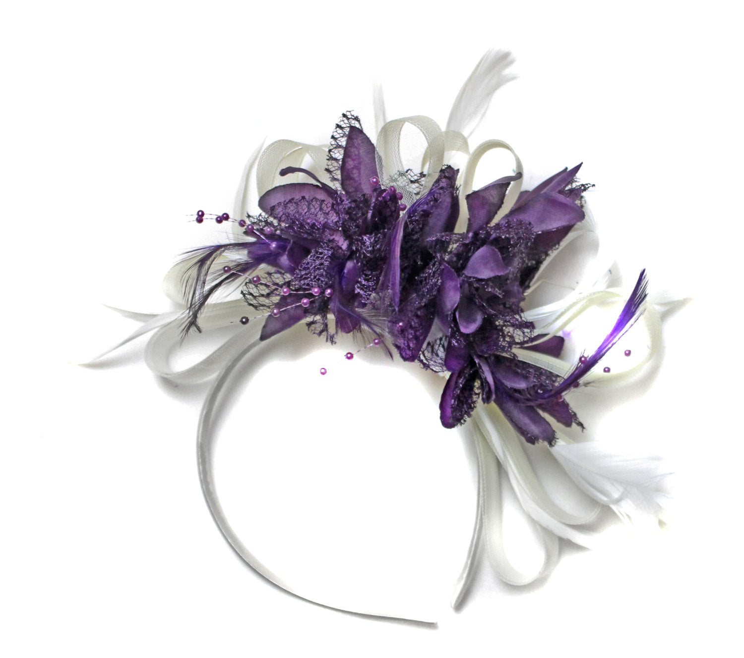 Caprilite White & Dark Purple Feathers Fascinator on Headband