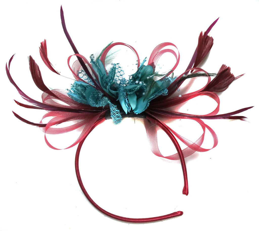 Caprilite Burgundy & Teal Dark Turquoise Fascinator on Headband