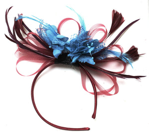 Caprilite Burgundy Wine Red & Aqua Cornflower Blue Fascinator on Headband