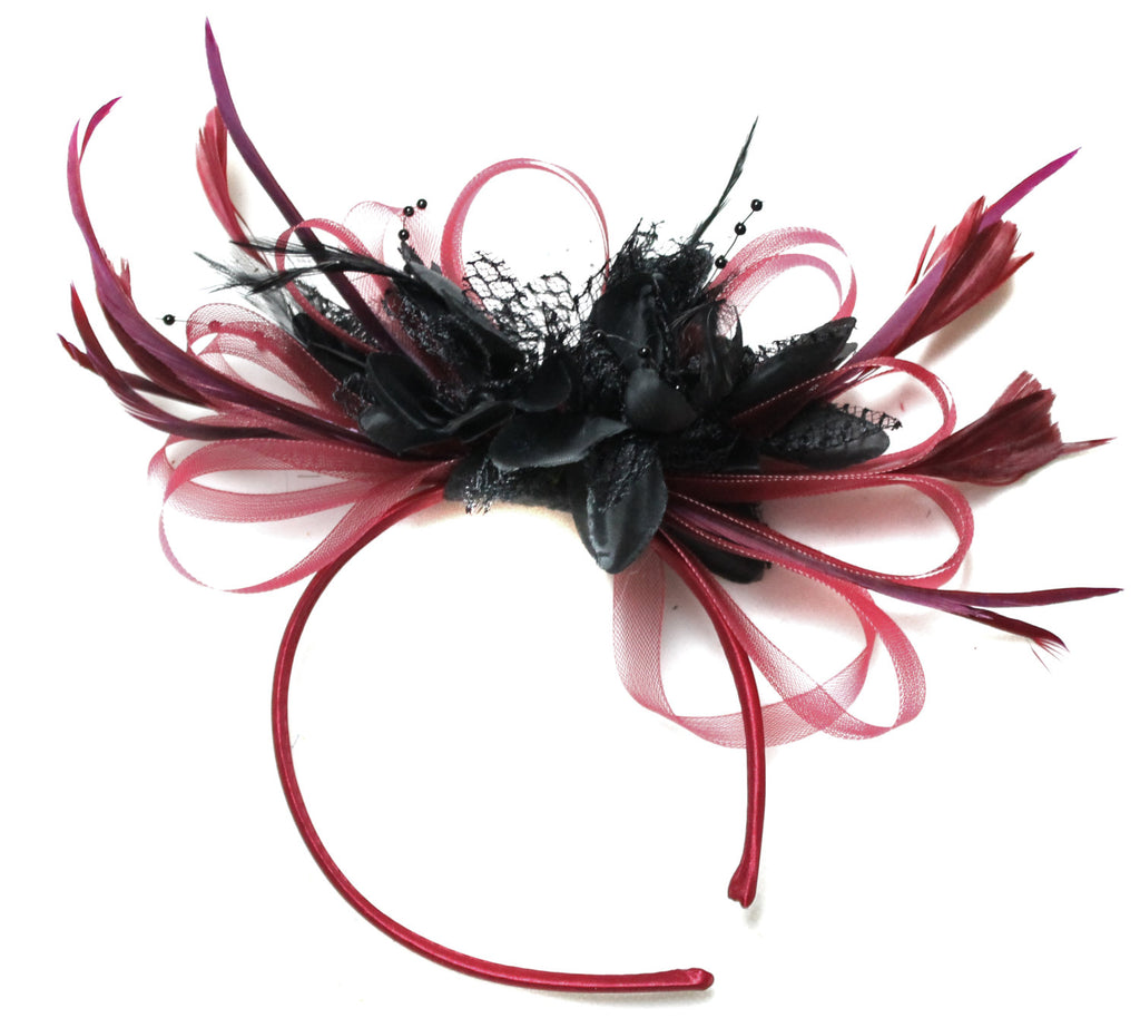 Caprilite Burgundy Wine Red & Black Fascinator on Headband