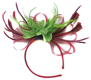 Caprilite Burgundy Wine Red Hoop & Lime Green Feathers Fascinator on Headband