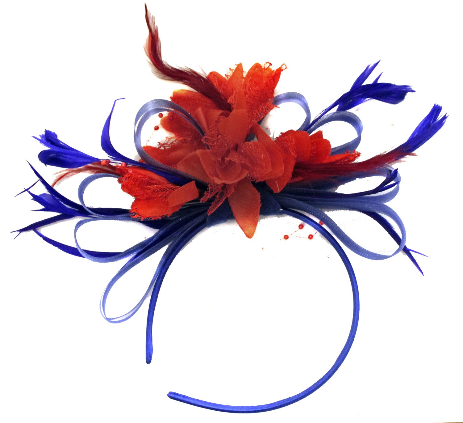 Caprilite Royal Blue Hoop & Red Feathers Fascinator on Headband
