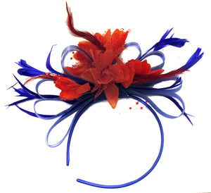 Caprilite Royal Blue Hoop & Red Feathers Fascinator on Headband