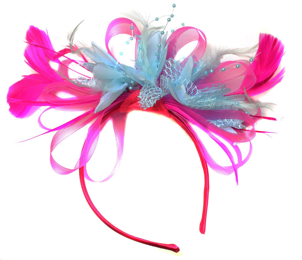 Caprilite Fuchsia Hot Pink Hoop & Baby Sky Blue Feathers Fascinator Headband Ascot Wedding