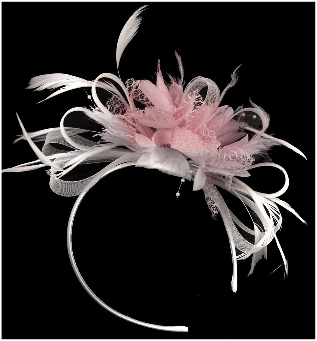 Caprilite White Hoop & Baby Pink Feathers Fascinator on Headband