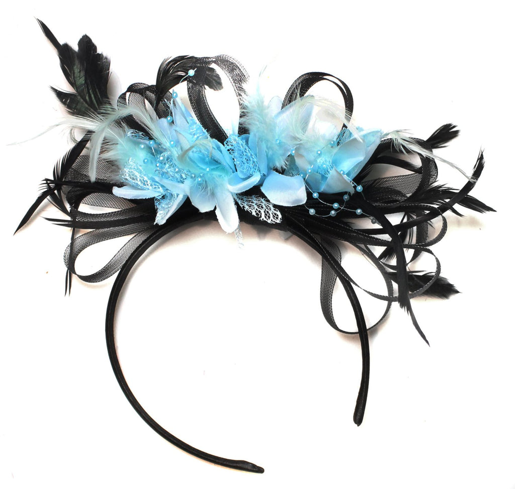 Caprilite Black Hoop & Baby Sky Blue Feathers Fascinator Headband Ascot Wedding