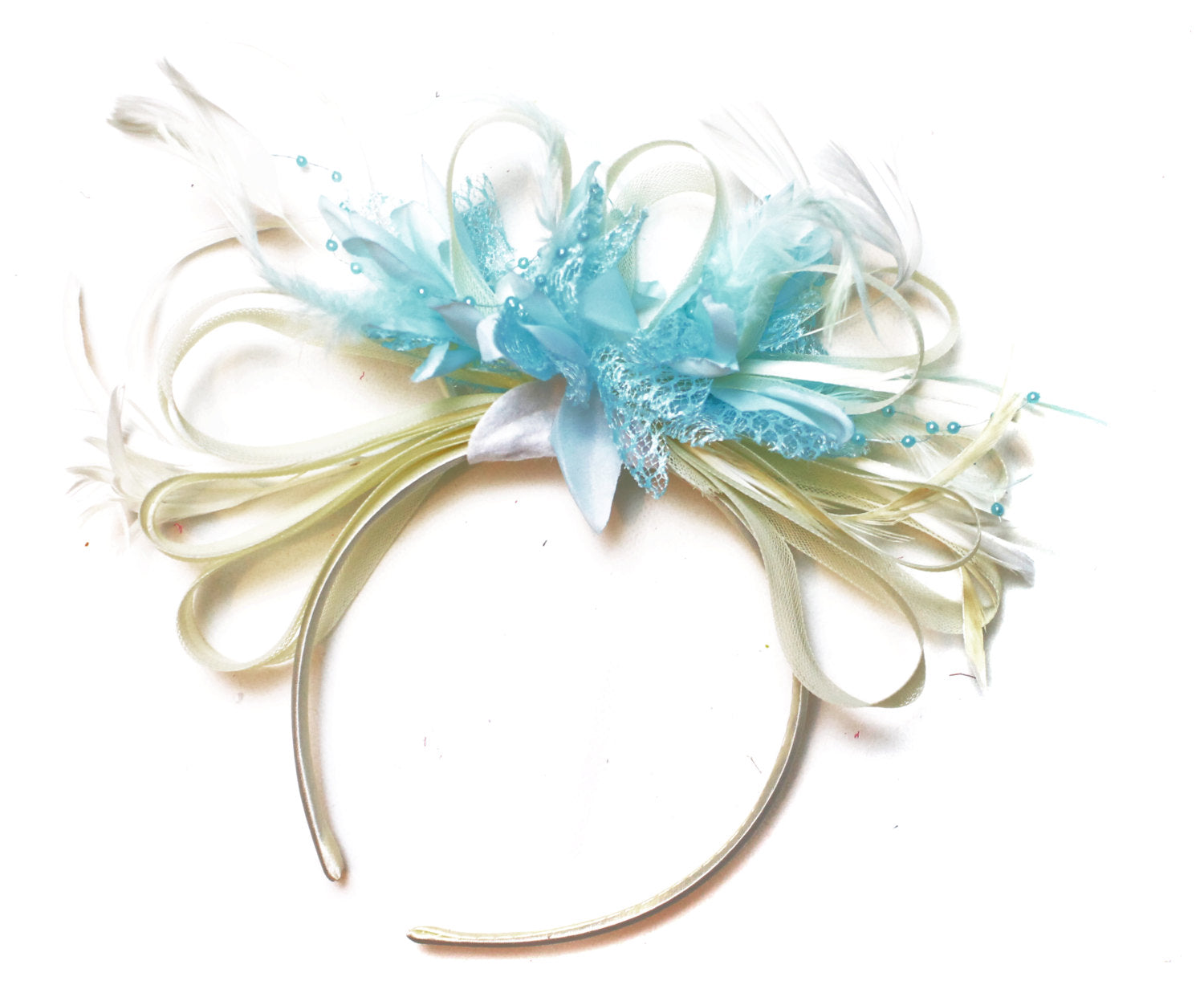 Caprilite Cream Hoop & Baby Sky Blue Feathers Fascinator Headband Ascot Wedding