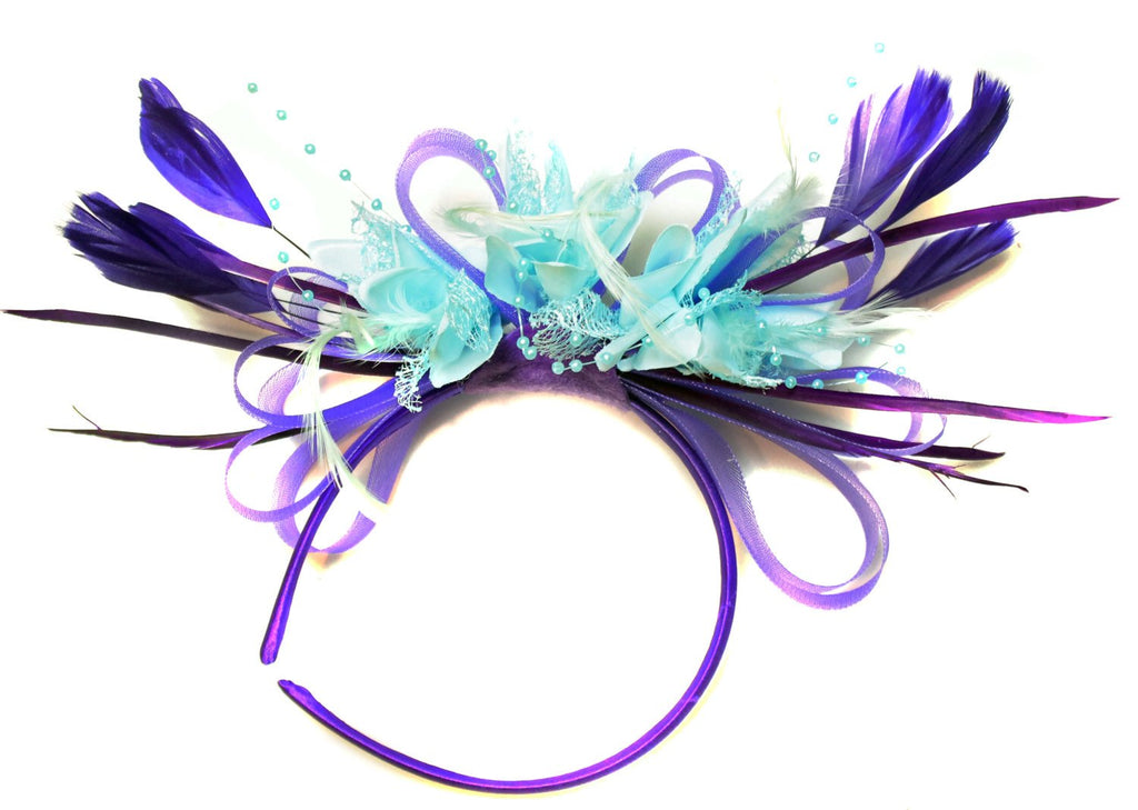 Caprilite Cadbury Purple Hoop & Baby Sky Blue Feathers Fascinator Headband Ascot Wedding