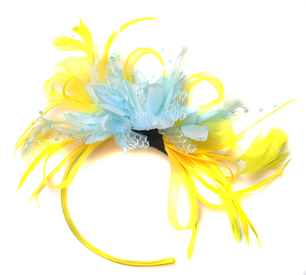 Caprilite Yellow Hoop & Baby Sky Blue Feathers Fascinator Headband Ascot Wedding