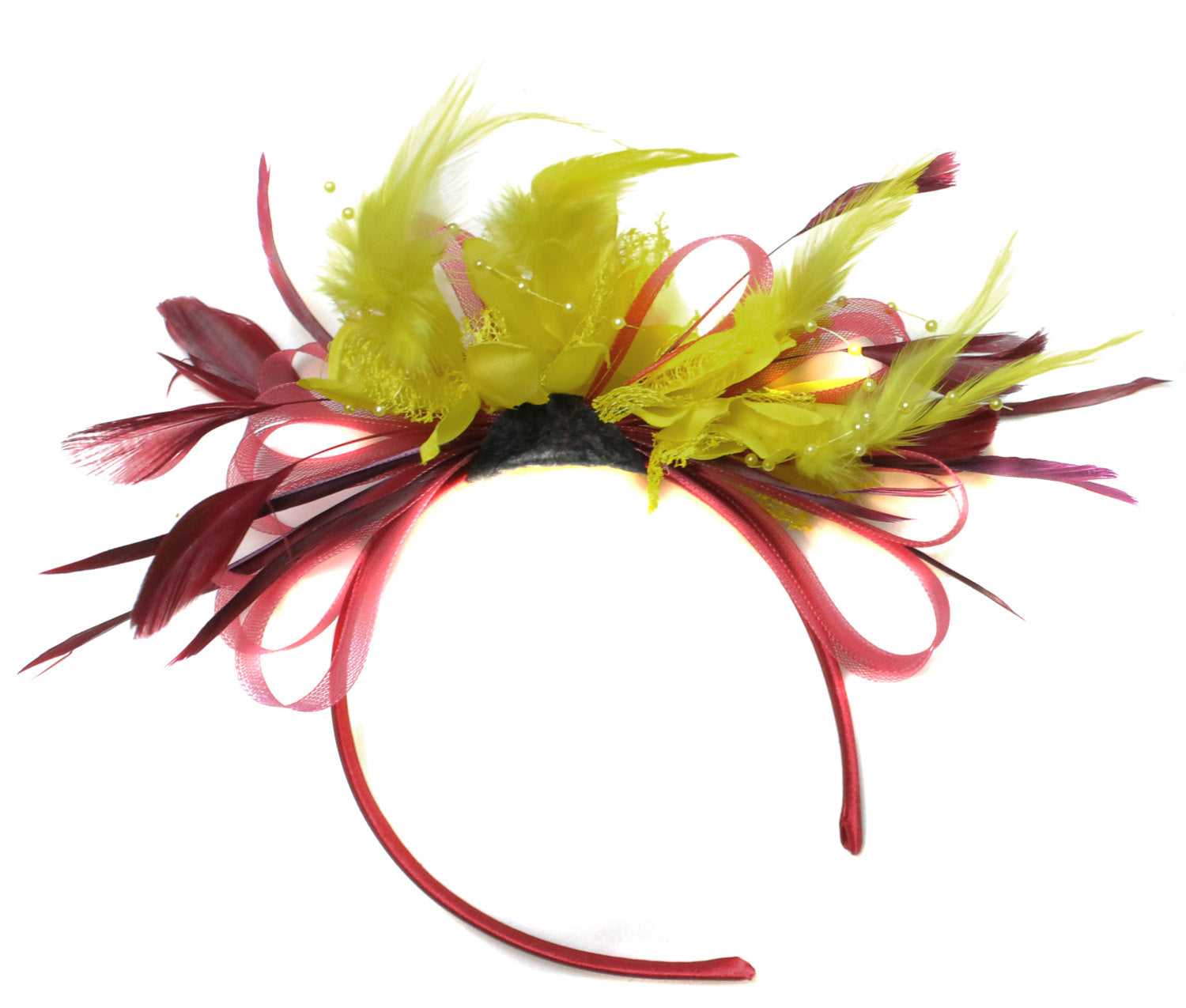 Caprilite Burgundy Wine Red Hoop & Bright Yellow Feathers Fascinator Headband Ascot Wedding