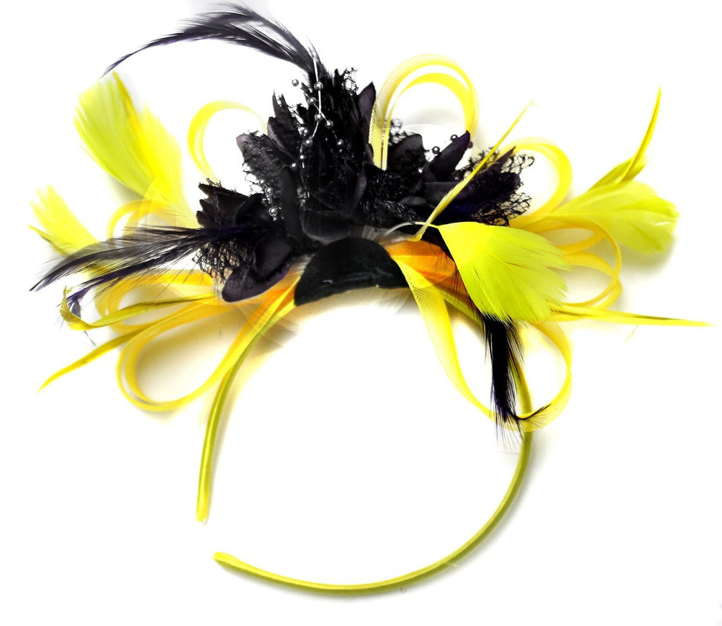 Caprilite Bright Yellow & Black Feathers Ascot Fascinator On Headband