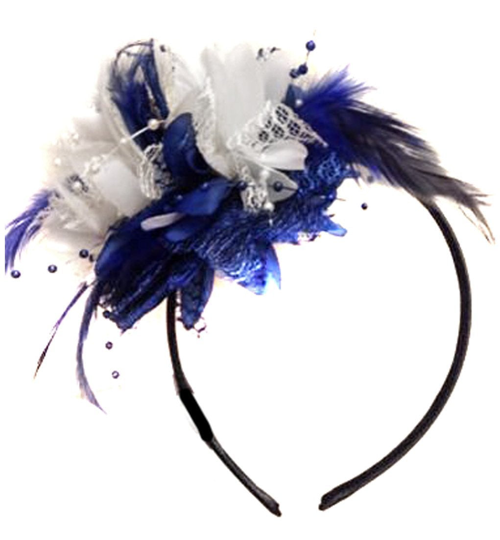 Caprilite Navy Blue and White Fascinator on Black Headband Flower Corsage