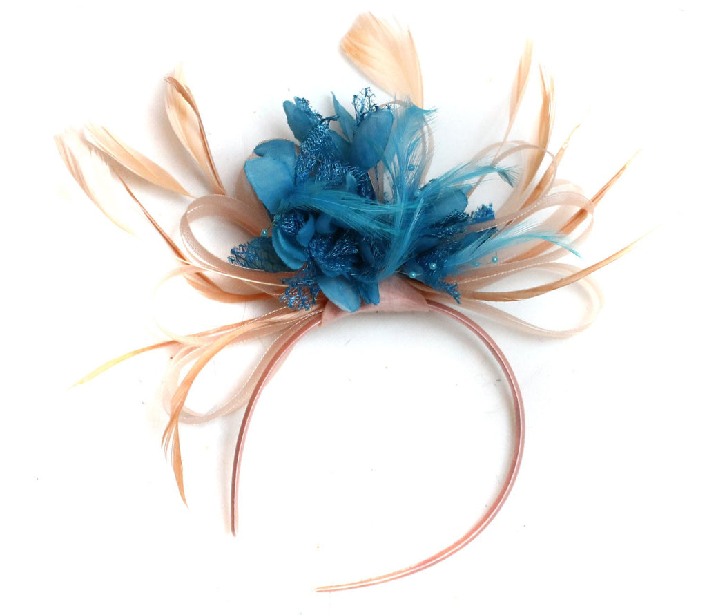 Caprilite Nude Salmon Pink and Aqua Fascinator on Headband Alice Band UK Wedding Ascot Races Loop