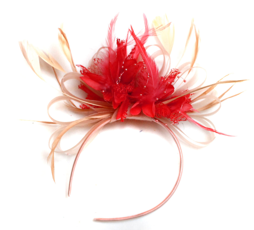 Caprilite Nude Salmon Pink and Scarlet Red on Headband Alice Band UK Wedding Ascot Races Loop