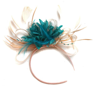 Caprilite Nude Salmon Pink and Teal on Headband Alice Band UK Wedding Ascot Races Loop