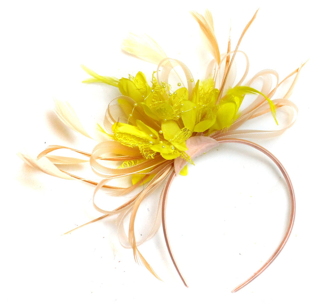 Caprilite Nude Salmon Pink and Yellow on Headband Alice Band UK Wedding Ascot Races Loop