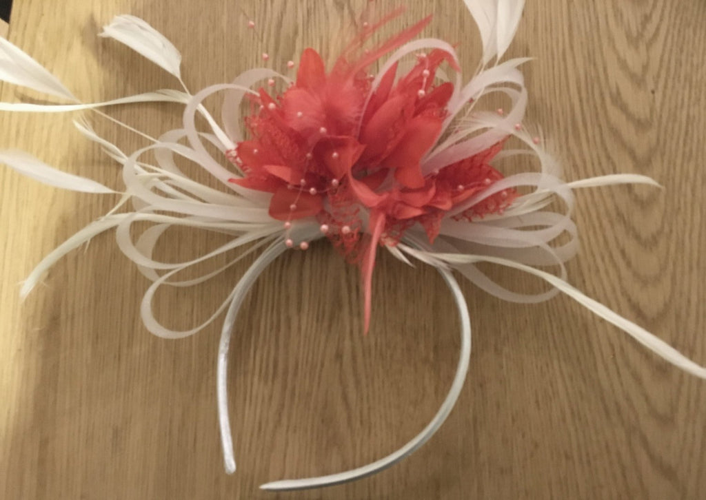 Caprilite White & Coral Fascinator on Headband for Weddings and Ascot Races