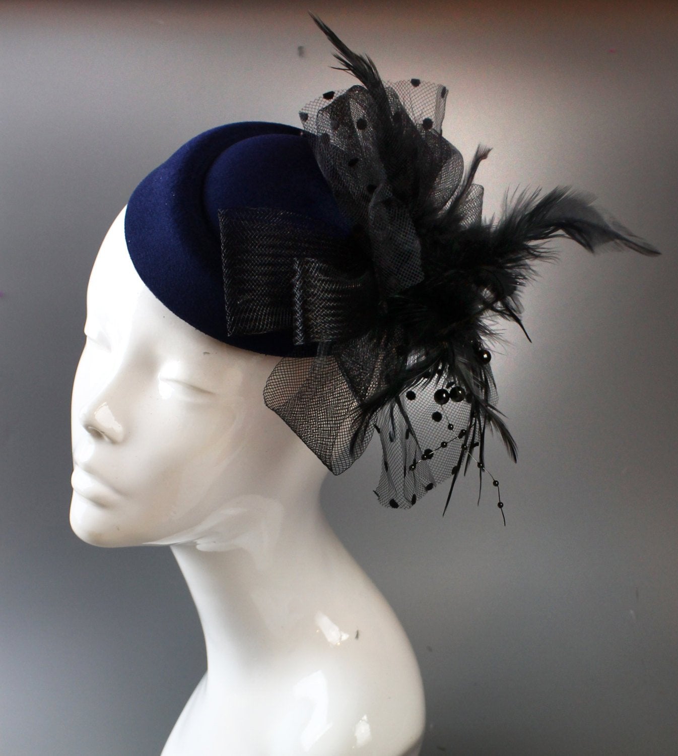 Caprilite Navy Blue & Black Pill-Box Hat Feathers Fascinator Hatinator on Clip for Ascot Races Weddings