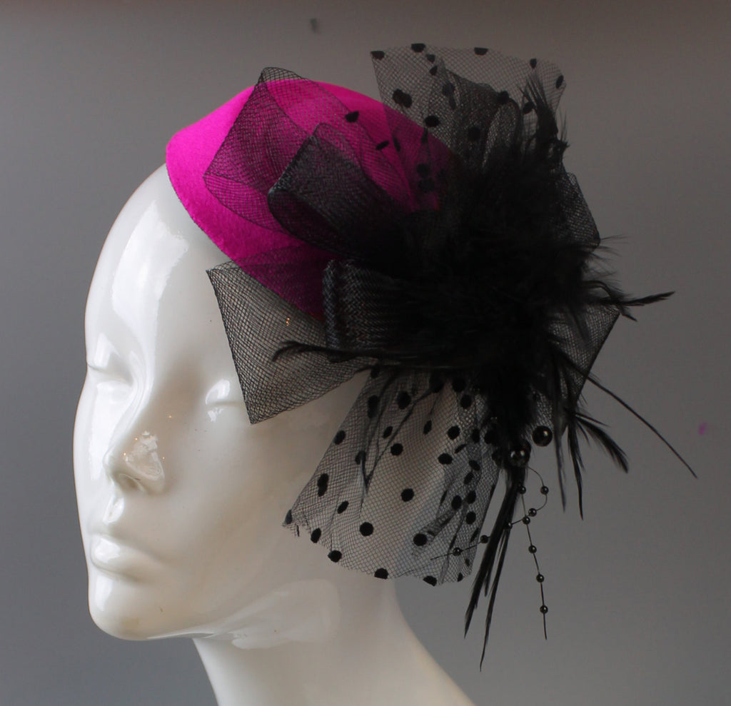 Caprilite Fuchsia and Black Hot Pink Fascinator Hat Pill Box Veil Hatinator UK Wedding Ascot Races  Clip Felt