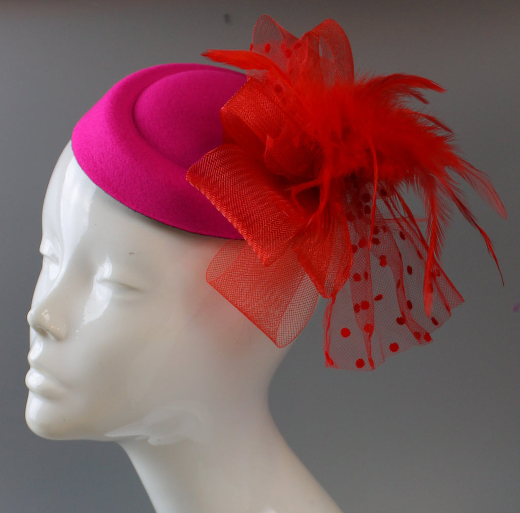 Caprilite Fuchsia Hot Pink and Red Fascinator Hat Pill Box Veil Hatinator UK Wedding Ascot Races  Clip Felt
