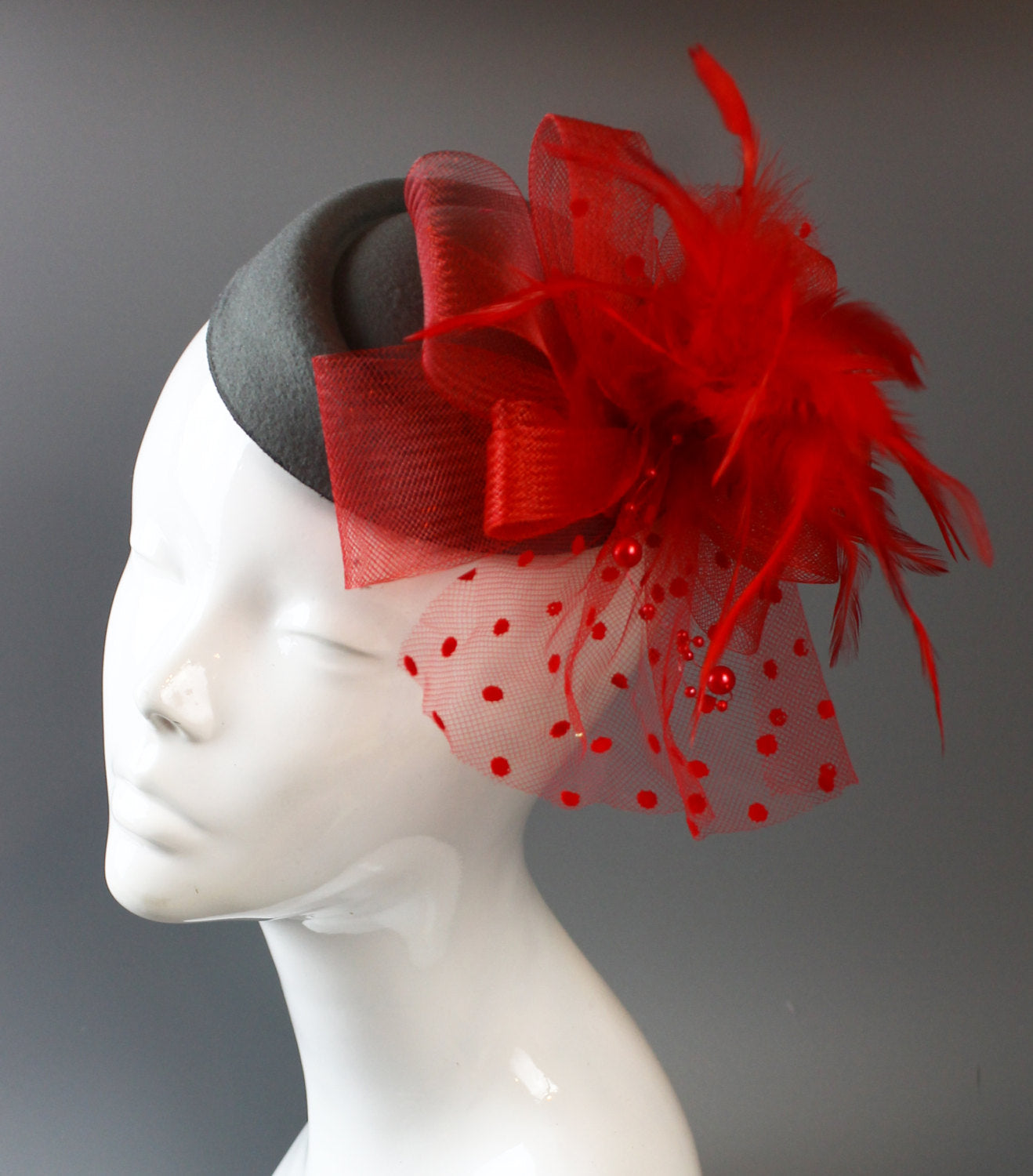 Caprilite Grey and Red Fascinator Hat Pill Box Veil Hatinator UK Wedding Ascot Races Clip Felt