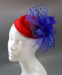 Caprilite Bright Rose Red and Royal Blue Fascinator Hat Pill Box Veil Hatinator UK Wedding Ascot Races  Clip Felt