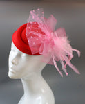Caprilite Bright Rose Red and Baby Pink Fascinator Hat Pill Box Veil Hatinator UK Wedding Ascot Races  Clip Felt
