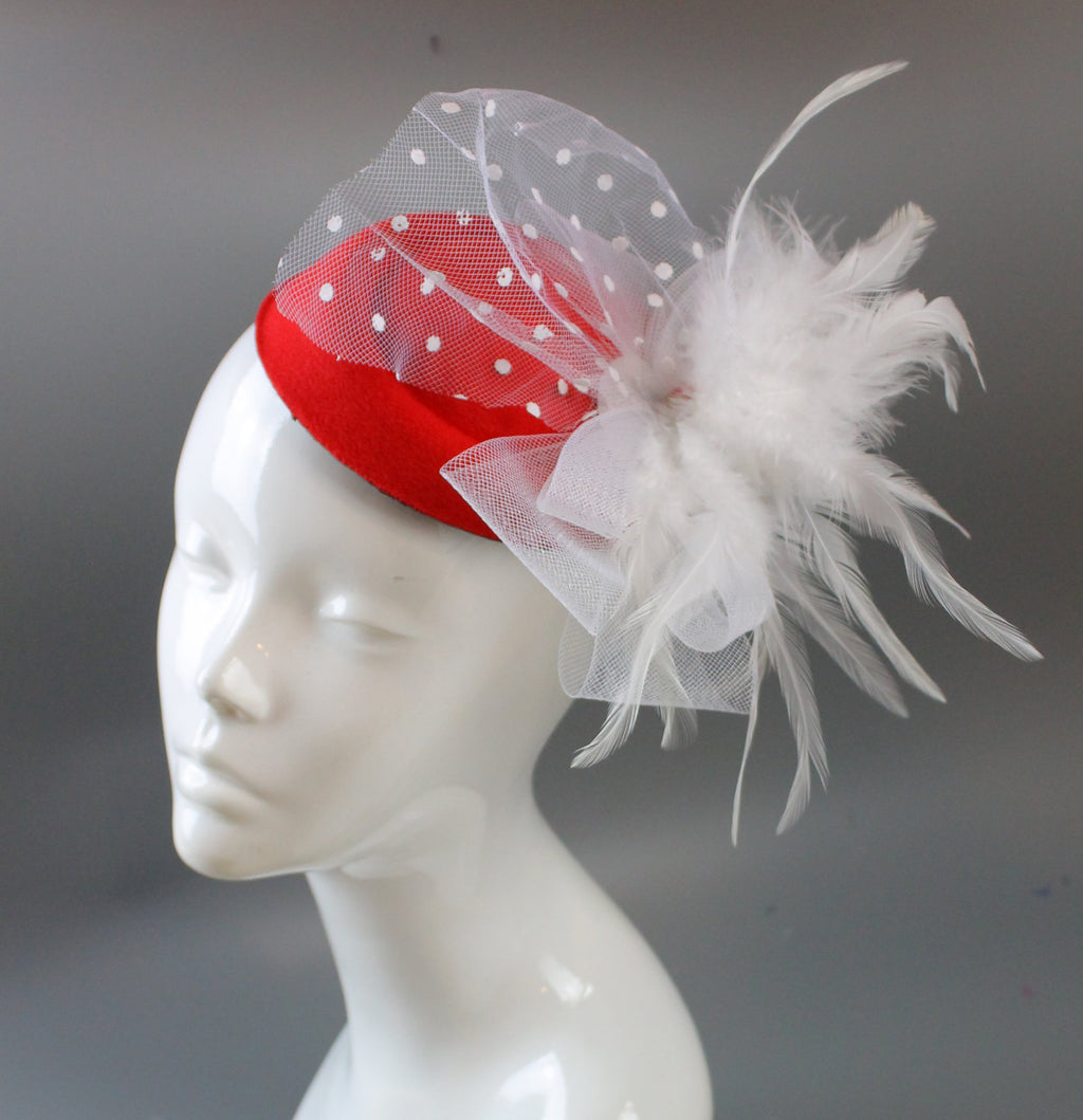 Caprilite Bright Rose Red and White Fascinator Hat Pill Box Veil Hatinator UK Wedding Ascot Races  Clip Felt