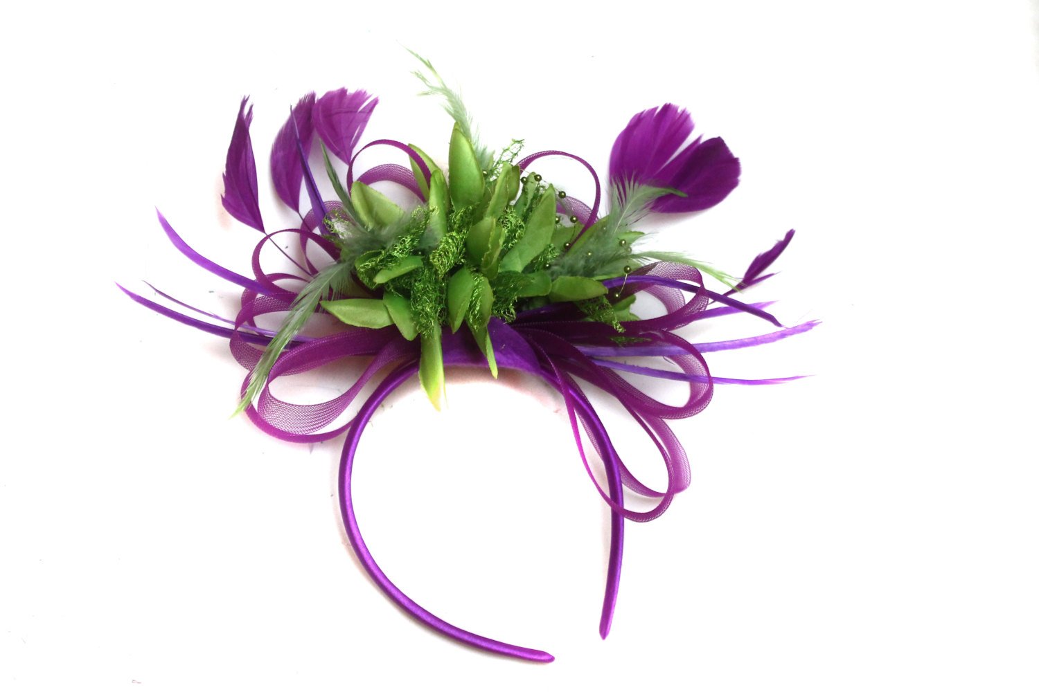 Caprilite Plum Magenta and Green Fascinator on Headband Alice Band UK Wedding Ascot Races Loop