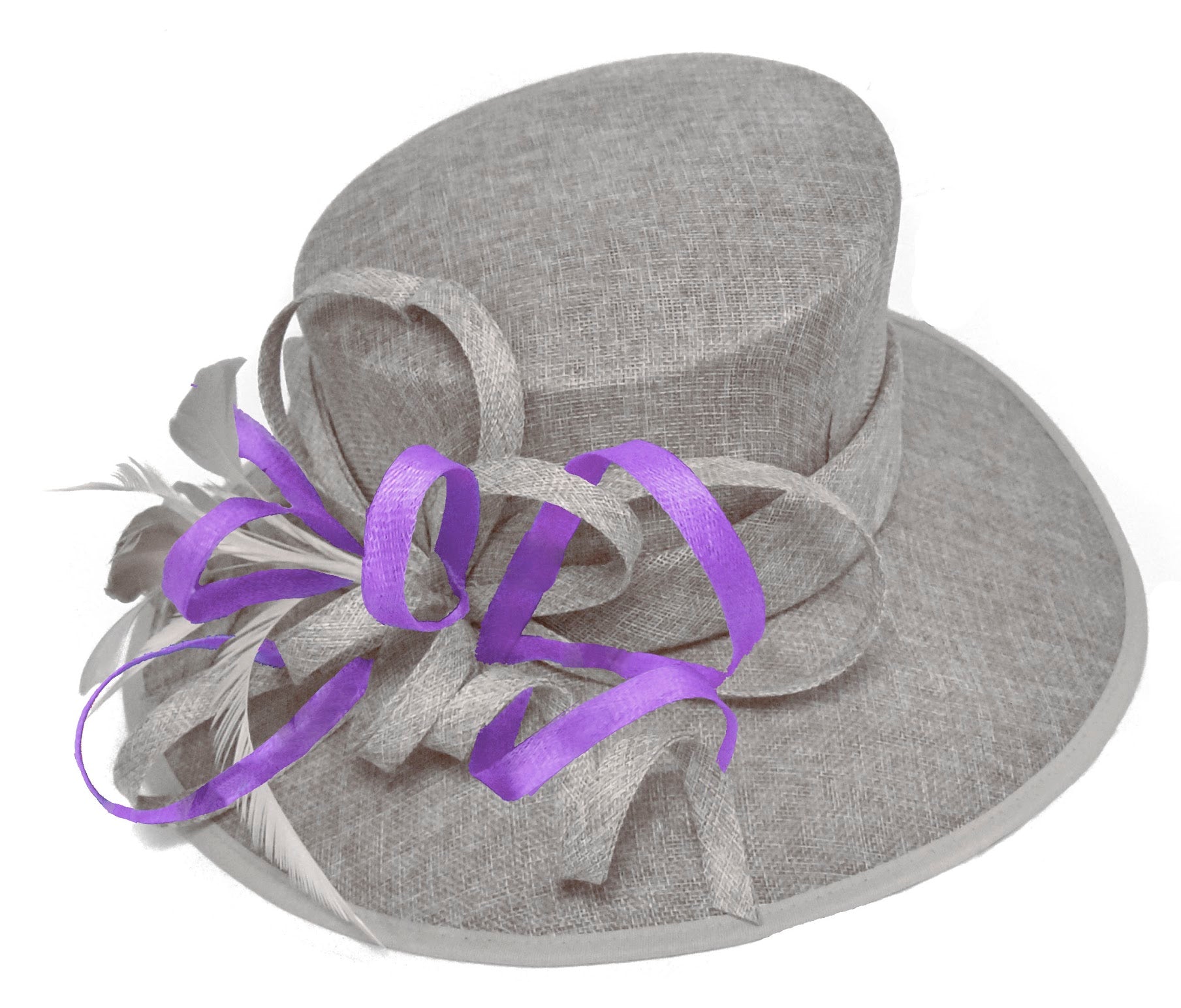 Gris argenté et violet lilas grand chapeau à bord de reine Occasion Hatinator bibi mariages formels