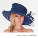 Large formal brimmed top hat hatinator with statement feather centerpiece
