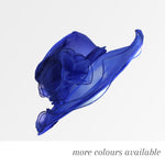 Royal blue hatinator with a wide curved brim and large flower decoration