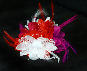 Red Fuchsia and White Flower Fascinator on Clip